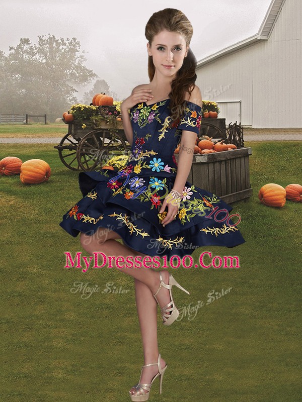 Blue And Black Off The Shoulder Neckline Embroidery and Ruffles Quinceanera Gowns Sleeveless Lace Up
