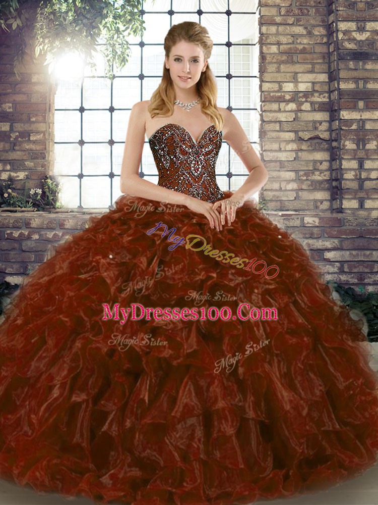 Brown Sweetheart Lace Up Beading and Ruffles Quinceanera Gown Sleeveless