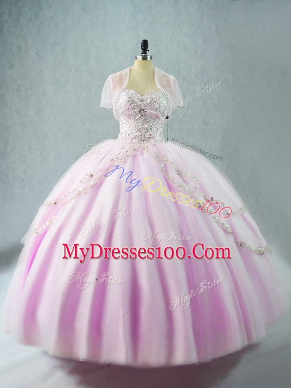 Custom Design Lilac Ball Gowns Beading Quinceanera Gown Lace Up Tulle Sleeveless Floor Length