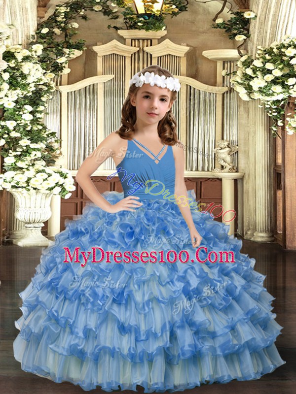 V-neck Sleeveless Zipper Kids Formal Wear Blue Organza