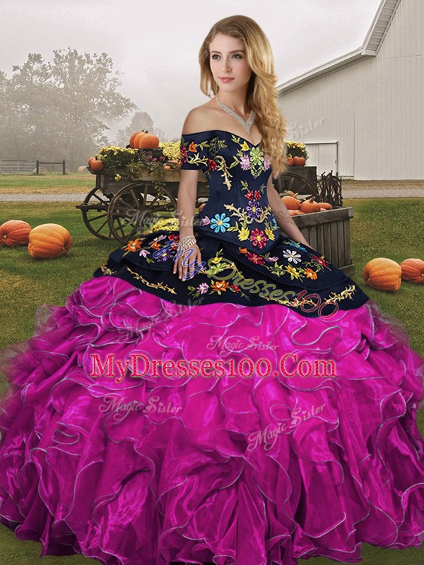 Fantastic Sleeveless Embroidery and Ruffles Lace Up Quinceanera Gown