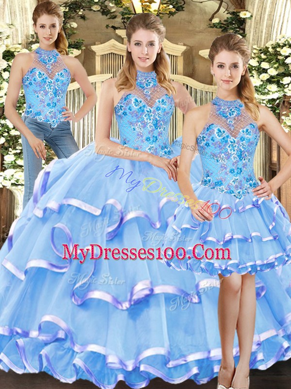 Blue Sleeveless Organza Lace Up Quinceanera Dress for Military Ball and Sweet 16 and Quinceanera