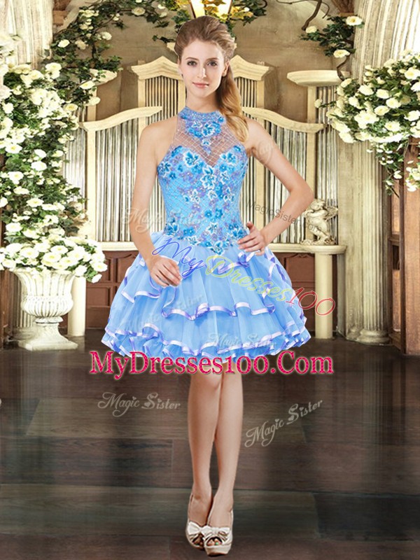 Blue Sleeveless Organza Lace Up Quinceanera Dress for Military Ball and Sweet 16 and Quinceanera