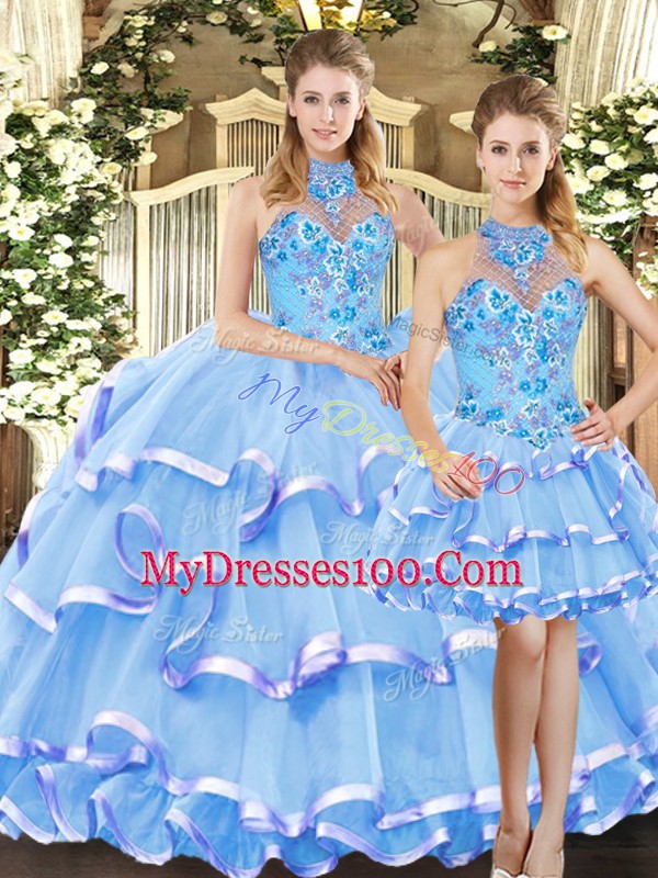 Blue Sleeveless Organza Lace Up Quinceanera Dress for Military Ball and Sweet 16 and Quinceanera