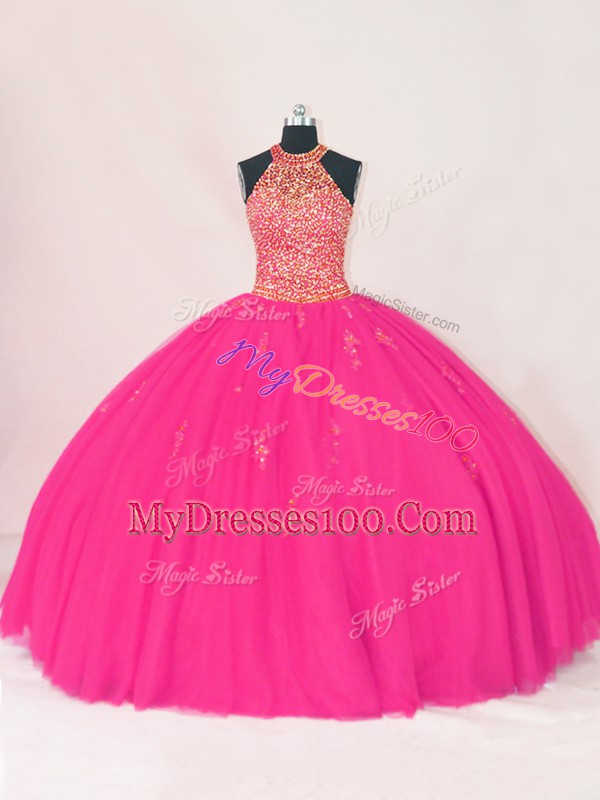 Fancy Floor Length Hot Pink Sweet 16 Quinceanera Dress Tulle Sleeveless Beading and Appliques