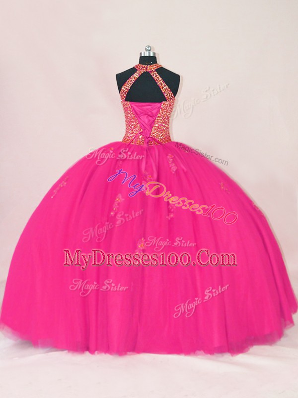 Fancy Floor Length Hot Pink Sweet 16 Quinceanera Dress Tulle Sleeveless Beading and Appliques