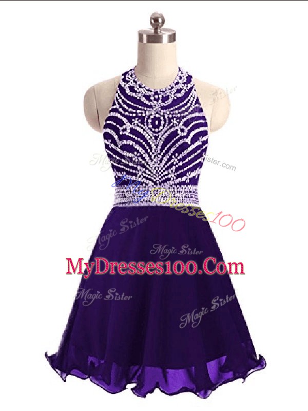 Sleeveless Chiffon Mini Length Lace Up Prom Gown in Purple with Beading