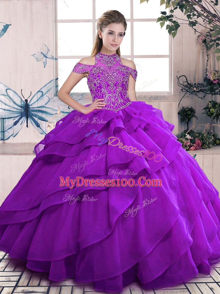 Popular Purple Ball Gowns High-neck Sleeveless Organza Floor Length Lace Up Beading and Ruffles Quinceanera Dress