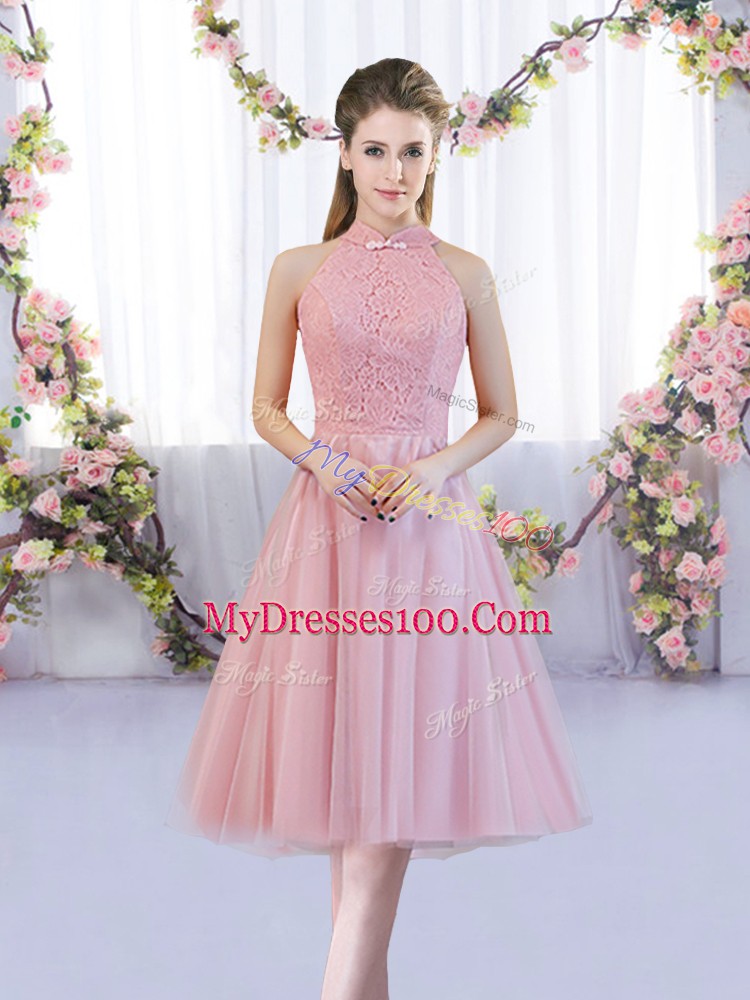 Simple Pink A-line High-neck Sleeveless Tulle Tea Length Zipper Lace Bridesmaids Dress