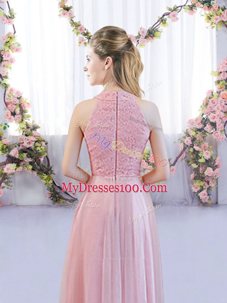 Simple Pink A-line High-neck Sleeveless Tulle Tea Length Zipper Lace Bridesmaids Dress