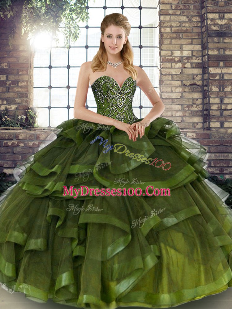 Excellent Olive Green Quinceanera Dress Military Ball and Sweet 16 and Quinceanera with Beading and Ruffles Sweetheart Sleeveless Lace Up