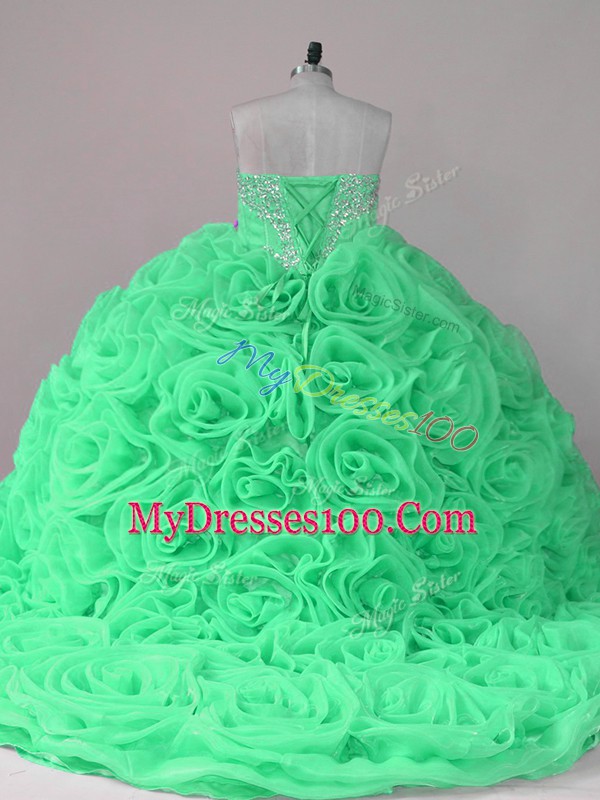 High Class Brush Train Ball Gowns Quinceanera Dress Sweetheart Fabric With Rolling Flowers Sleeveless Lace Up
