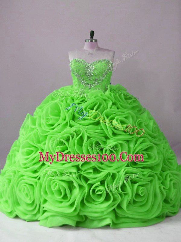 Sweetheart Sleeveless Ball Gown Prom Dress Brush Train Beading Fabric With Rolling Flowers