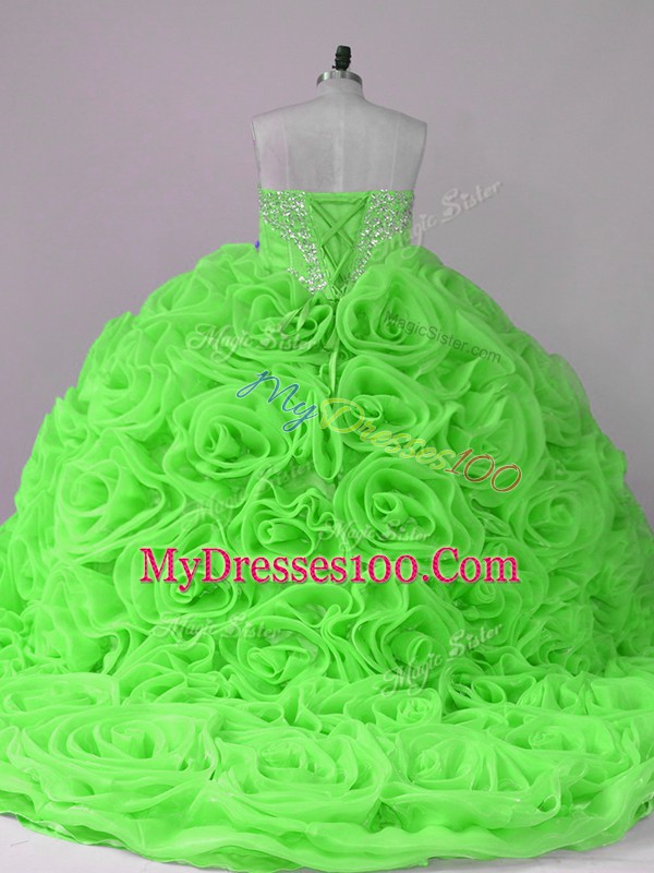 Sweetheart Sleeveless Ball Gown Prom Dress Brush Train Beading Fabric With Rolling Flowers
