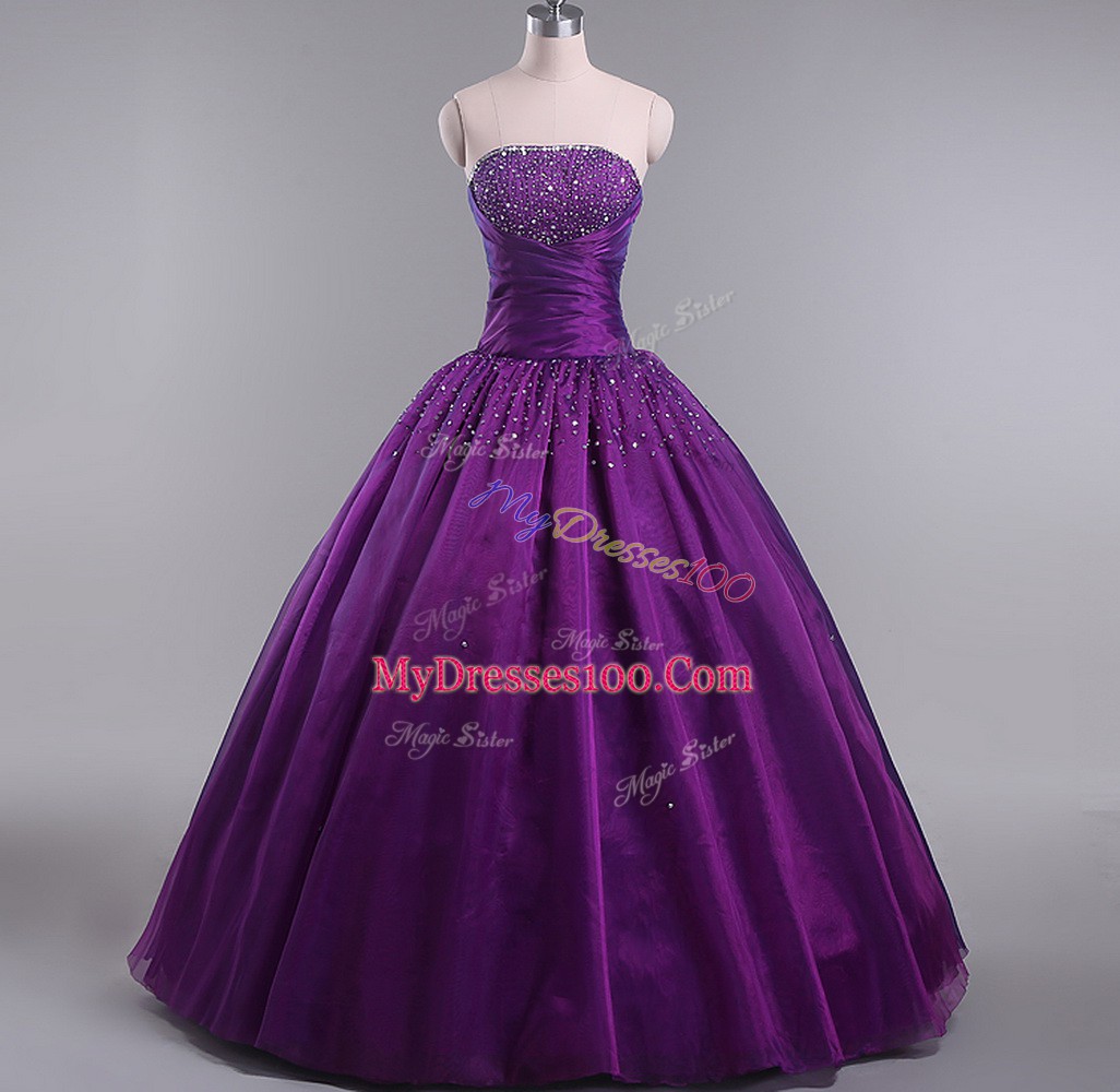 Latest Floor Length Eggplant Purple Quinceanera Dresses Tulle Sleeveless Beading and Ruching
