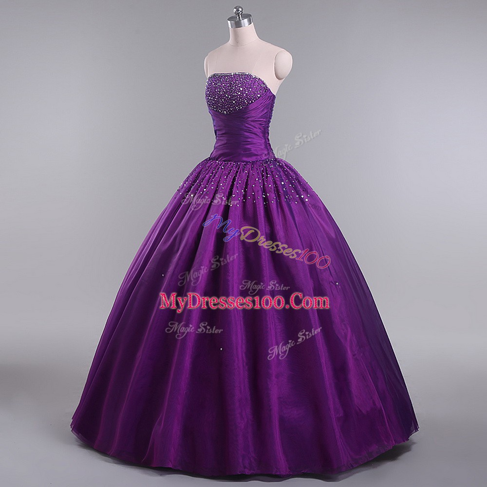 Latest Floor Length Eggplant Purple Quinceanera Dresses Tulle Sleeveless Beading and Ruching