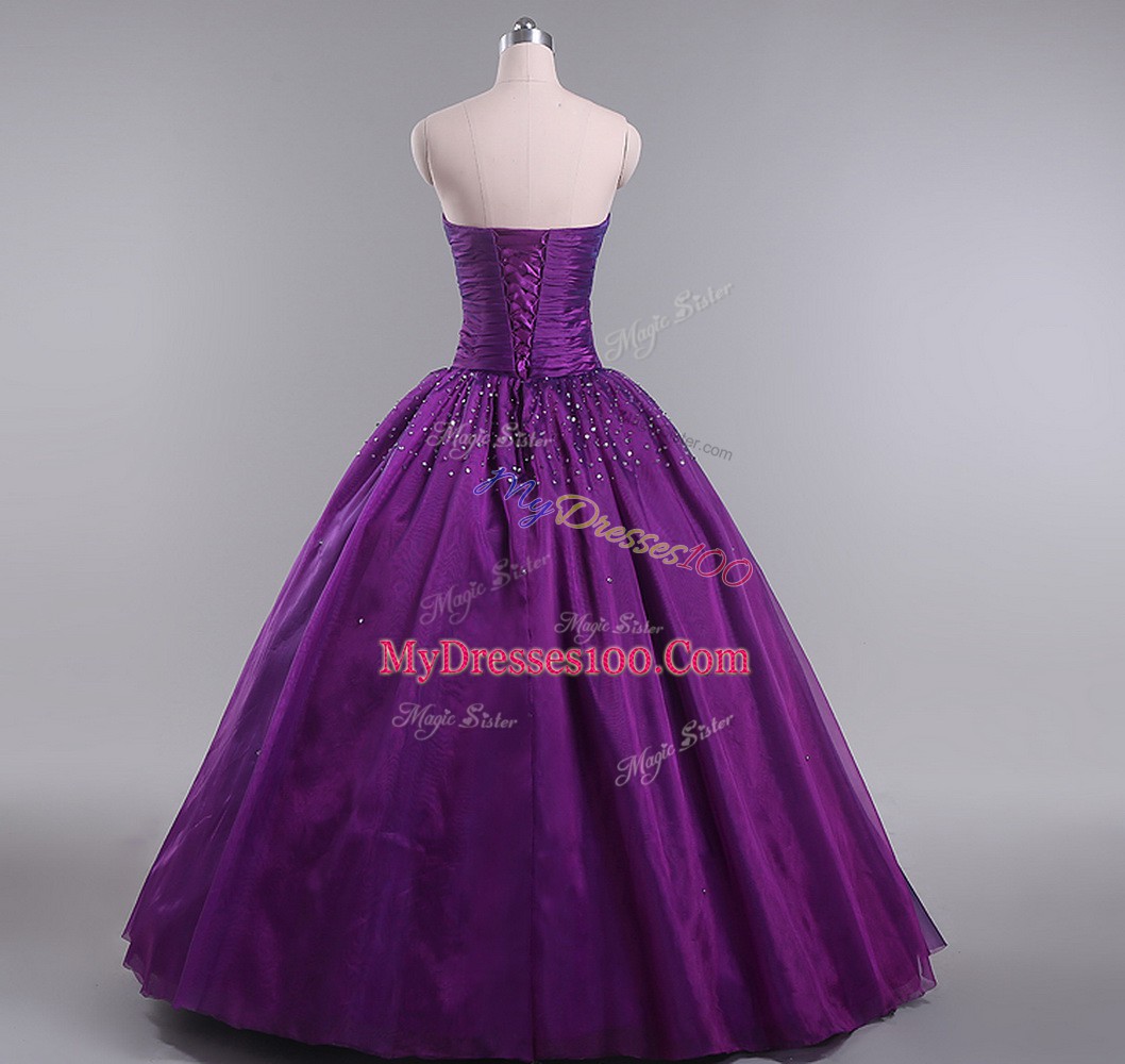 Latest Floor Length Eggplant Purple Quinceanera Dresses Tulle Sleeveless Beading and Ruching