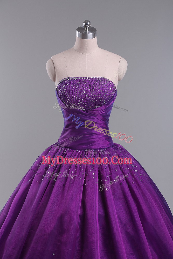 Latest Floor Length Eggplant Purple Quinceanera Dresses Tulle Sleeveless Beading and Ruching