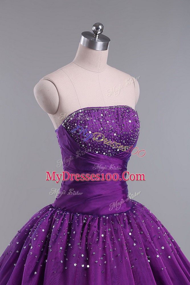 Latest Floor Length Eggplant Purple Quinceanera Dresses Tulle Sleeveless Beading and Ruching