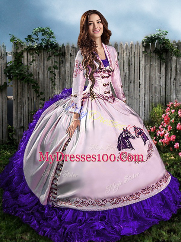 White And Purple Lace Up 15 Quinceanera Dress Embroidery and Ruffles Sleeveless Floor Length