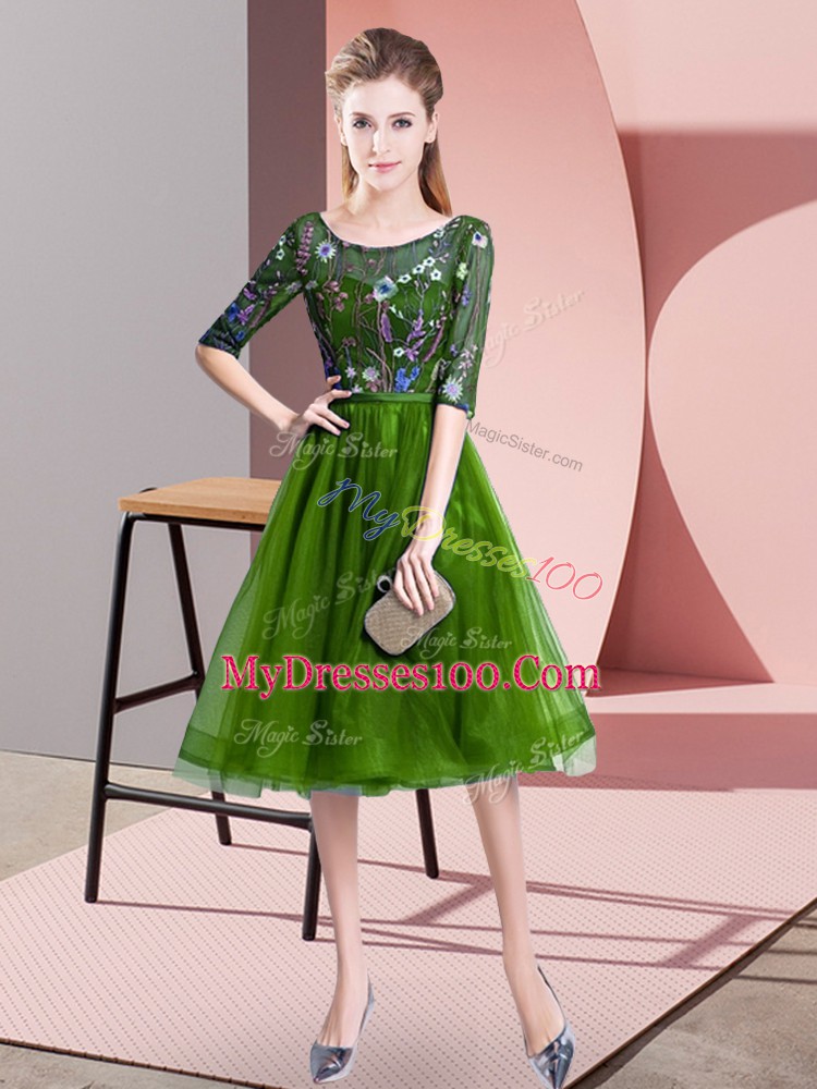 Green Half Sleeves Tulle Lace Up Vestidos de Damas for Wedding Party