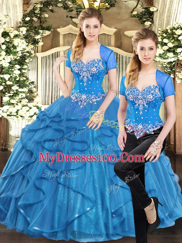 Superior Floor Length Blue Ball Gown Prom Dress Tulle Sleeveless Beading and Ruffles