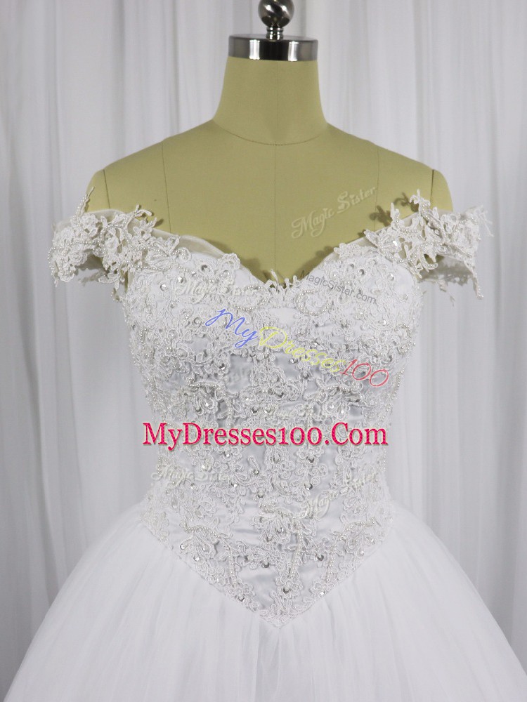 White Wedding Gown Wedding Party with Beading and Lace Off The Shoulder Sleeveless Lace Up
