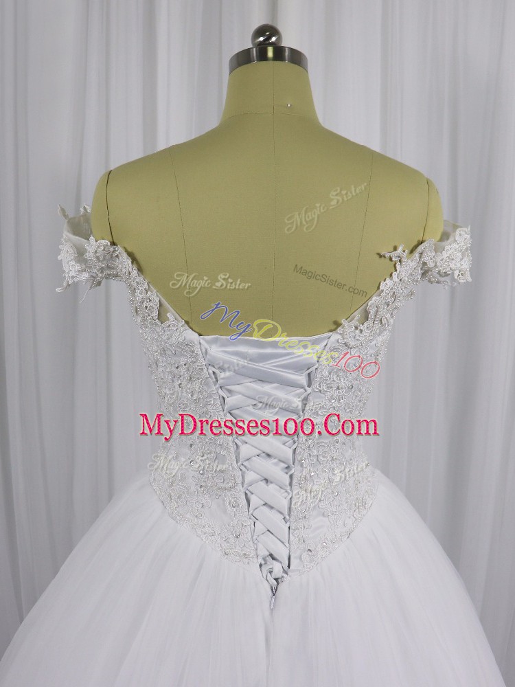 White Wedding Gown Wedding Party with Beading and Lace Off The Shoulder Sleeveless Lace Up