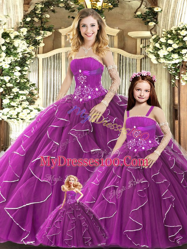 Purple Strapless Lace Up Beading and Ruffles Quinceanera Gown Sleeveless