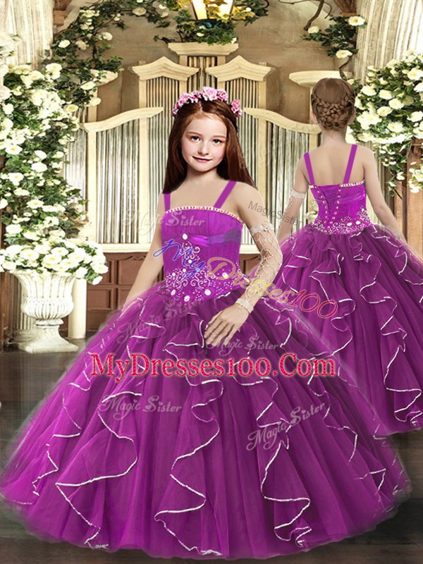 Purple Strapless Lace Up Beading and Ruffles Quinceanera Gown Sleeveless