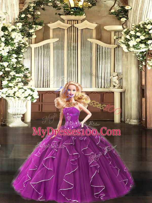 Purple Strapless Lace Up Beading and Ruffles Quinceanera Gown Sleeveless