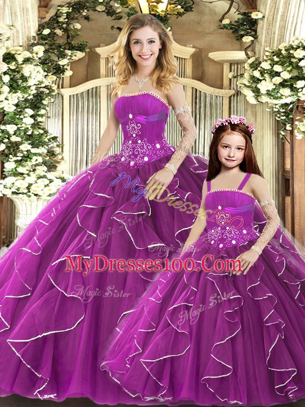Purple Strapless Lace Up Beading and Ruffles Quinceanera Gown Sleeveless
