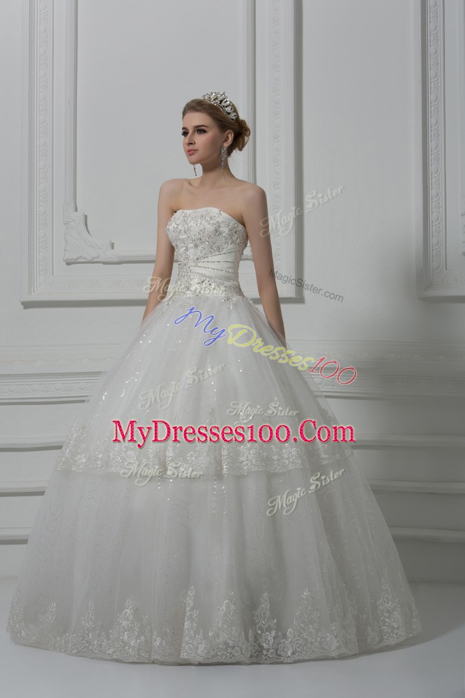 Best White Lace Up Wedding Dress Beading and Lace Sleeveless Floor Length