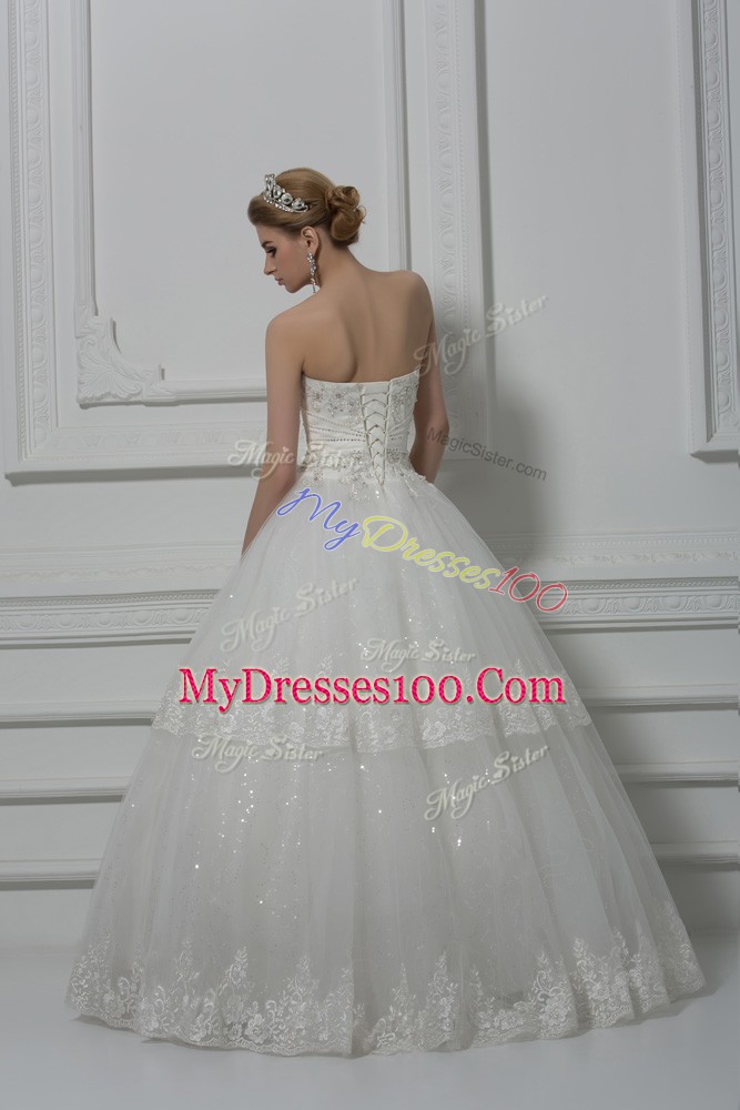 Best White Lace Up Wedding Dress Beading and Lace Sleeveless Floor Length
