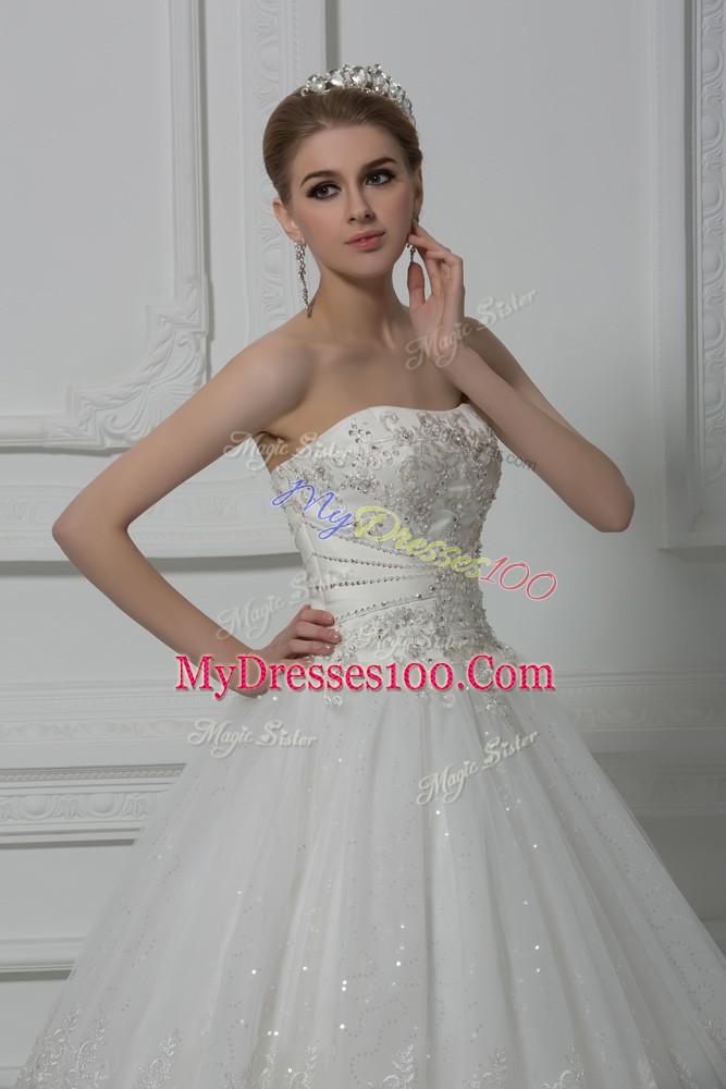 Best White Lace Up Wedding Dress Beading and Lace Sleeveless Floor Length
