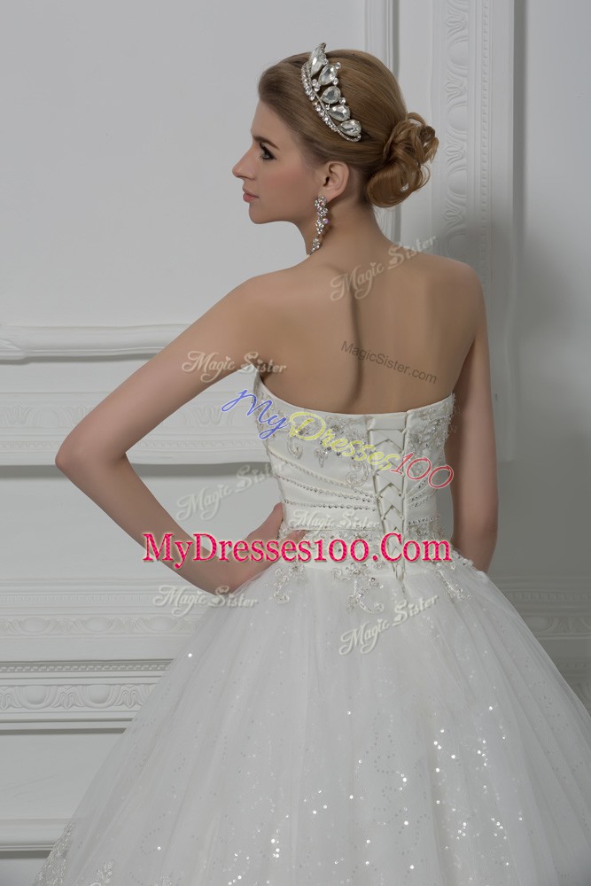 Best White Lace Up Wedding Dress Beading and Lace Sleeveless Floor Length