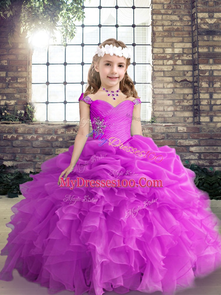 Attractive Fuchsia Organza Lace Up Evening Gowns Sleeveless Floor Length Beading and Ruffles and Pick Ups