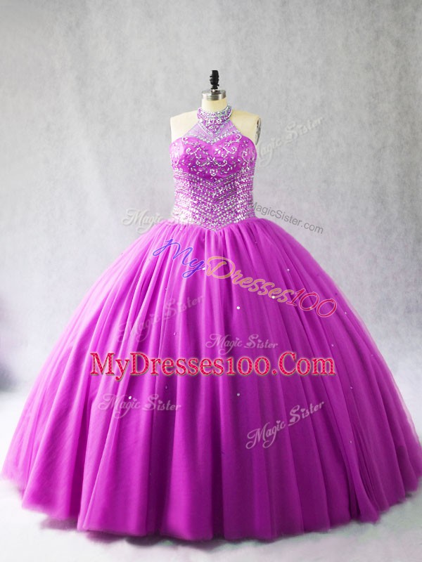 Lilac Tulle Lace Up Halter Top Sleeveless Sweet 16 Dress Brush Train Beading