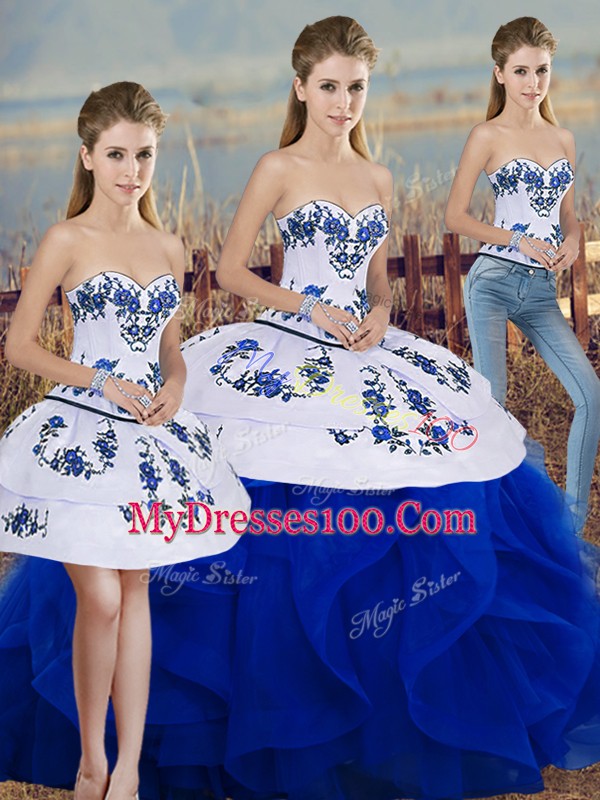 Super Sleeveless Tulle Floor Length Lace Up Quinceanera Gown in Royal Blue with Embroidery and Ruffles and Bowknot