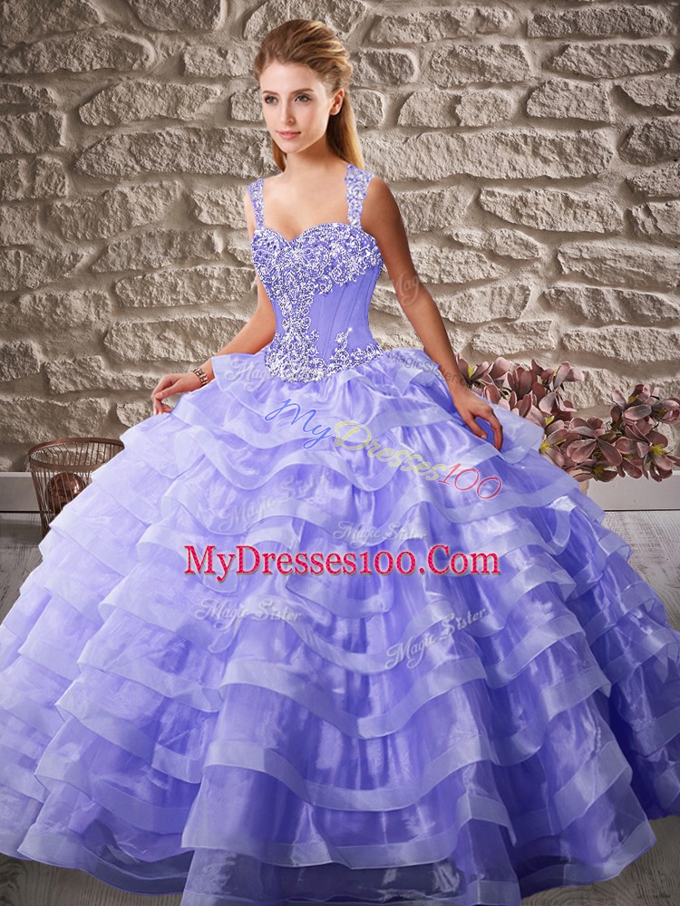 Sleeveless Beading and Ruffled Layers Lace Up 15 Quinceanera Dress with Lavender Court Train