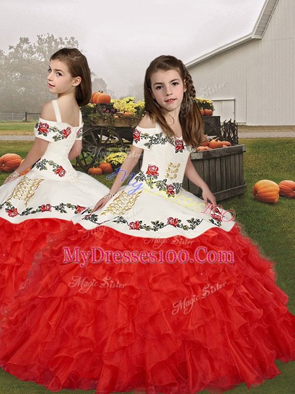 Fantastic Embroidery and Ruffles Quinceanera Gown White And Red Lace Up Sleeveless Floor Length