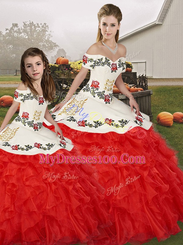 Fantastic Embroidery and Ruffles Quinceanera Gown White And Red Lace Up Sleeveless Floor Length
