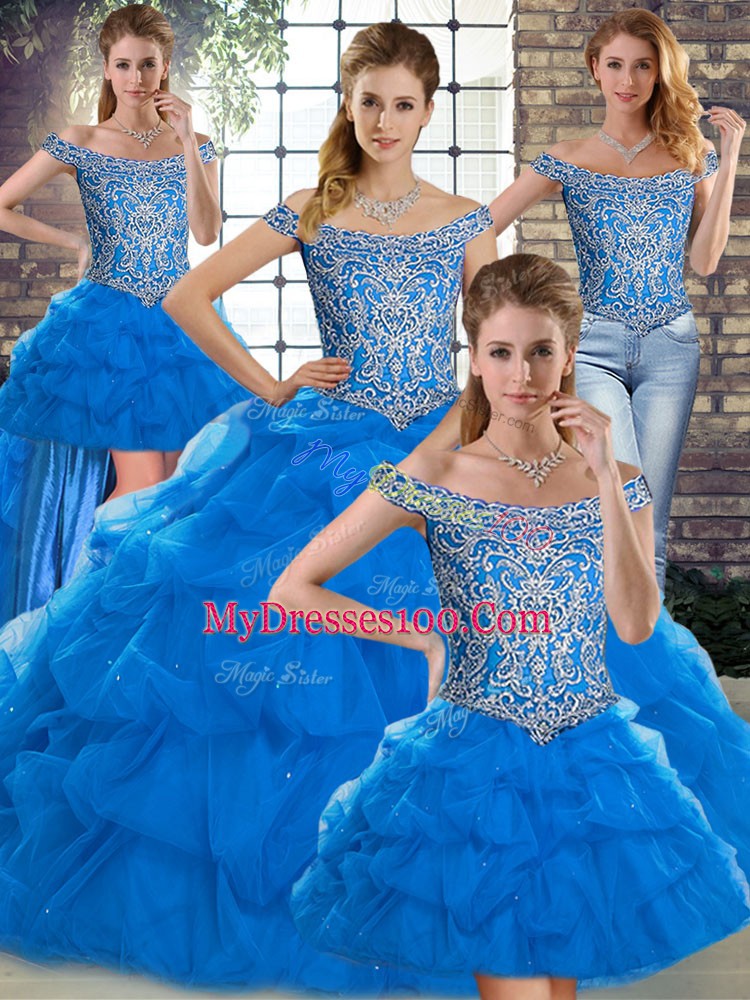 Blue Tulle Lace Up 15 Quinceanera Dress Sleeveless Brush Train Beading and Pick Ups