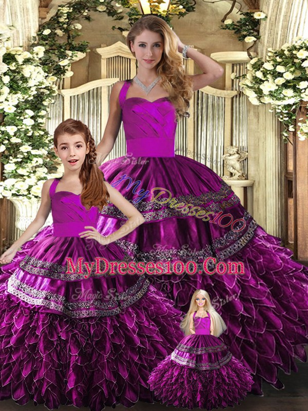 Super Fuchsia Quinceanera Dress Military Ball and Sweet 16 and Quinceanera with Embroidery and Ruffles Halter Top Sleeveless Lace Up
