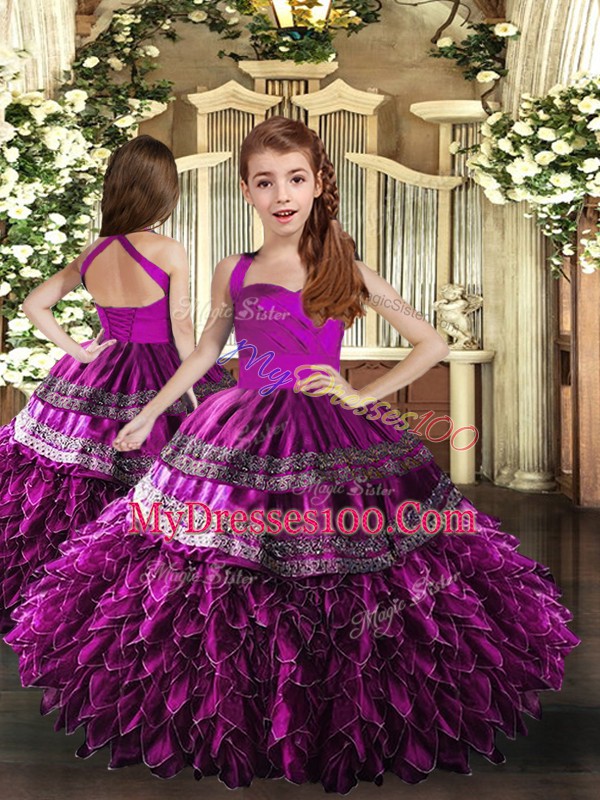 Super Fuchsia Quinceanera Dress Military Ball and Sweet 16 and Quinceanera with Embroidery and Ruffles Halter Top Sleeveless Lace Up