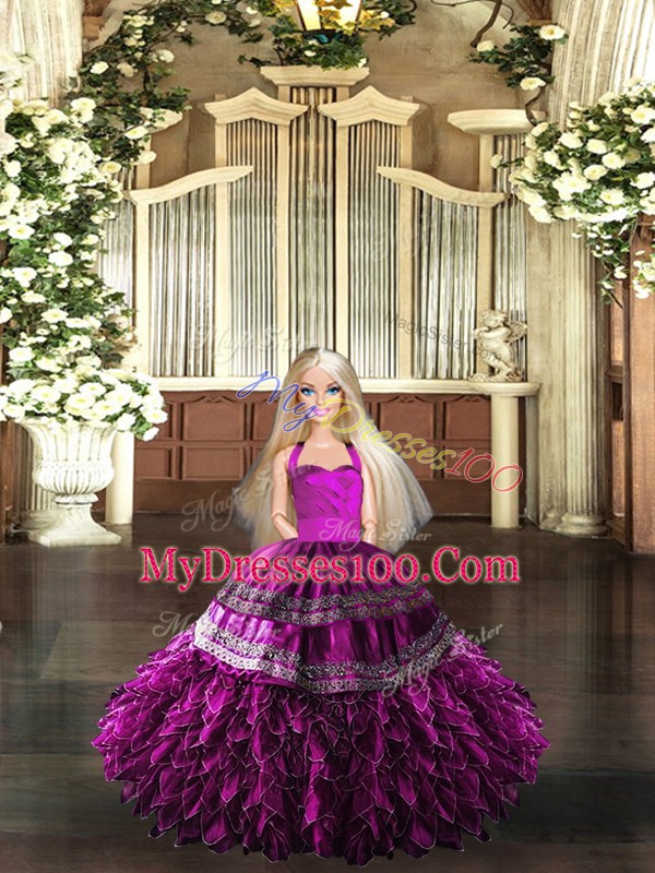 Super Fuchsia Quinceanera Dress Military Ball and Sweet 16 and Quinceanera with Embroidery and Ruffles Halter Top Sleeveless Lace Up