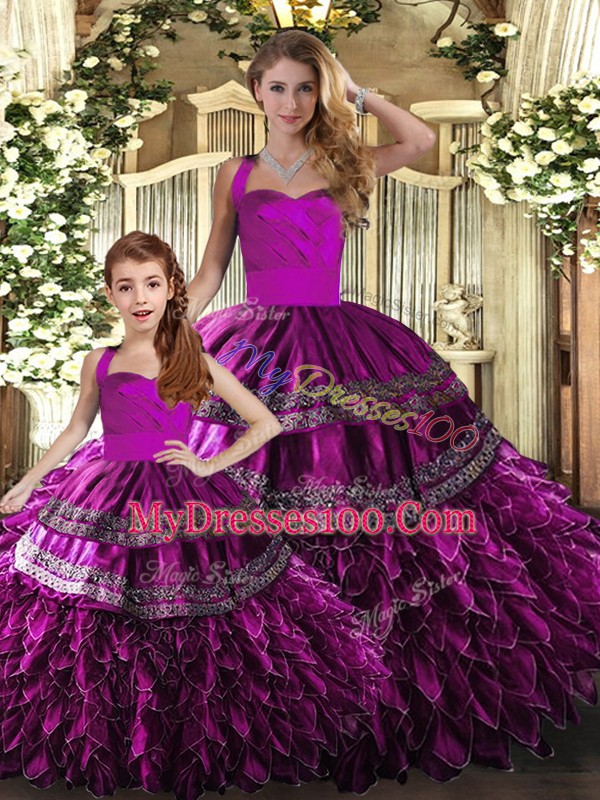 Super Fuchsia Quinceanera Dress Military Ball and Sweet 16 and Quinceanera with Embroidery and Ruffles Halter Top Sleeveless Lace Up