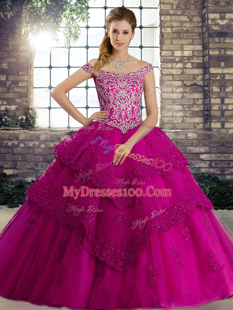 Super Fuchsia Sleeveless Tulle Brush Train Lace Up Vestidos de Quinceanera for Military Ball and Sweet 16 and Quinceanera