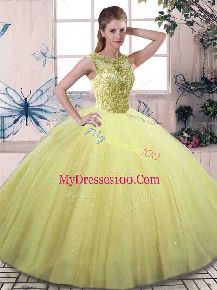 Yellow Green Ball Gowns Scoop Sleeveless Tulle Floor Length Lace Up Beading Sweet 16 Dresses