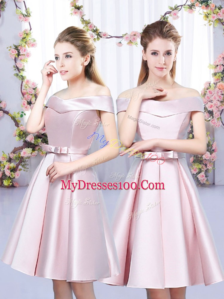 Attractive Baby Pink A-line Bowknot Bridesmaids Dress Lace Up Satin Sleeveless Mini Length